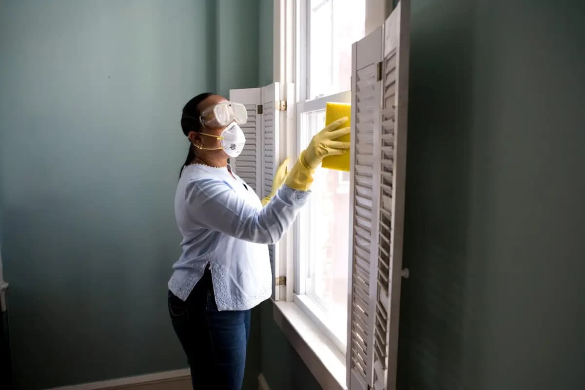 Profesional con mascarilla y guantes realizando labores de higiene en un local